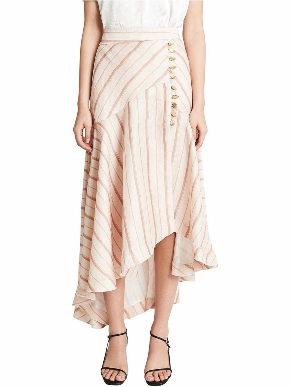 Aje Beige Striped Asymmetrical High-Low Midi Skirt with Side Buttons